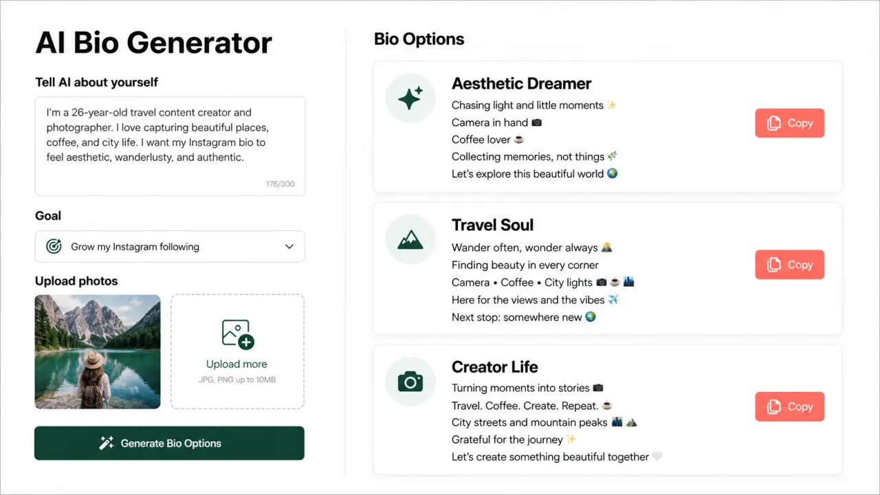 AI bio generator interface showing generated Instagram bio options
